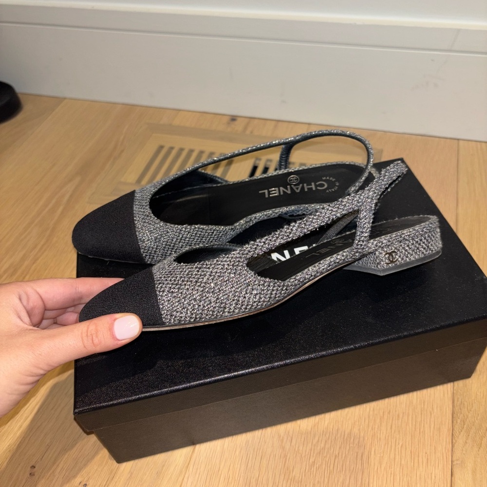 Chanel flat sling back black and grey tweed - Picture 3 of 4